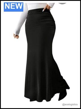 Plus Size Ruched Bodycon Fishtail Maxi Skirt High Waisted